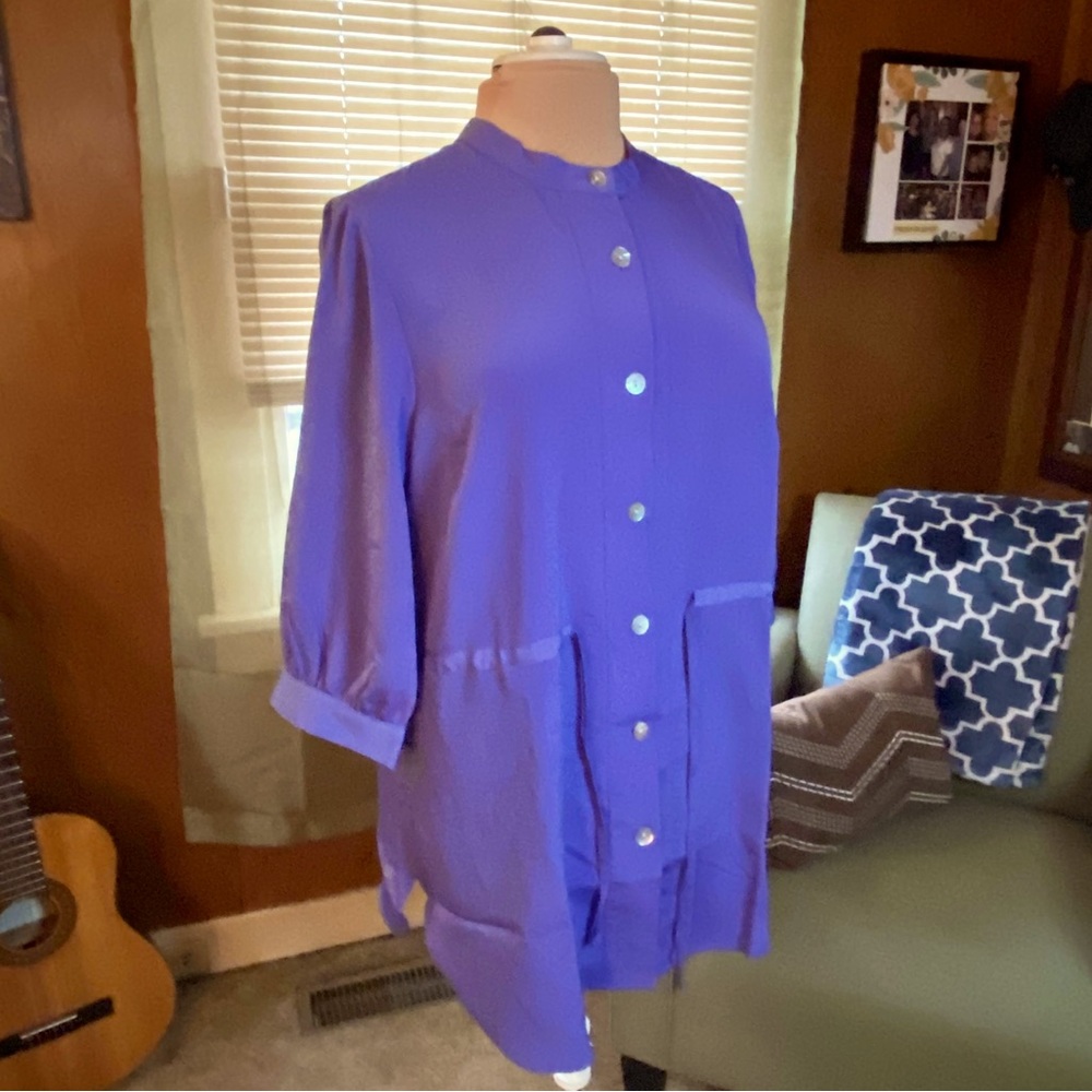 Susan Graver Soft Violet Button Up Blouse with Waist String Tie (Size 1X) - NWT